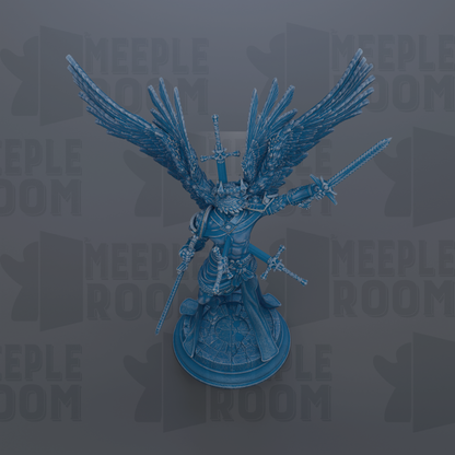 A blue figurine with wings and a sword stands on a pedestal against a gray background with repeated "MEIPLE ROOM" text.