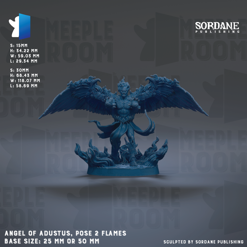 a figurine of a winged warrior with flames emanating from its feet, standing on a base of flames. The figurine is described as the "Angel of Adustus, pose 2 flames" and is shown in a pose with two flames emanating from its feet. The base size of the figurine is either 25mm or 50mm.