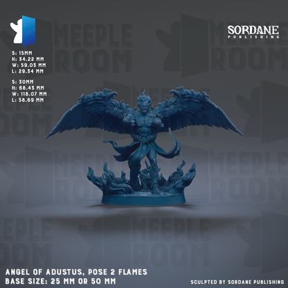 a figurine of a winged warrior with flames emanating from its feet, standing on a base of flames. The figurine is described as the "Angel of Adustus, pose 2 flames" and is shown in a pose with two flames emanating from its feet. The base size of the figurine is either 25mm or 50mm.