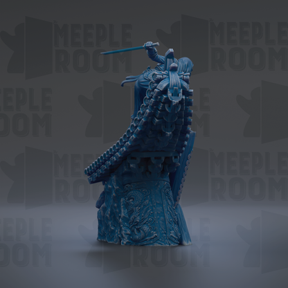 A blue, 3D-rendered statue of a figure holding a sword, standing on a pedestal with intricate designs.