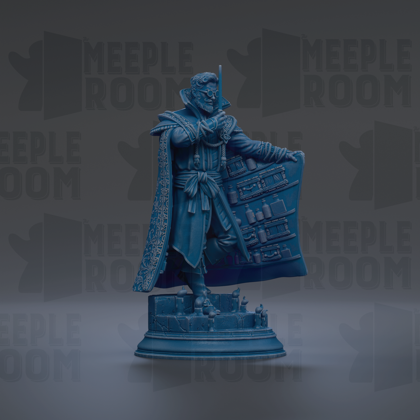 A blue statue of a man holding a large blue object, possibly a book or a shield, with a serious expression on his face.