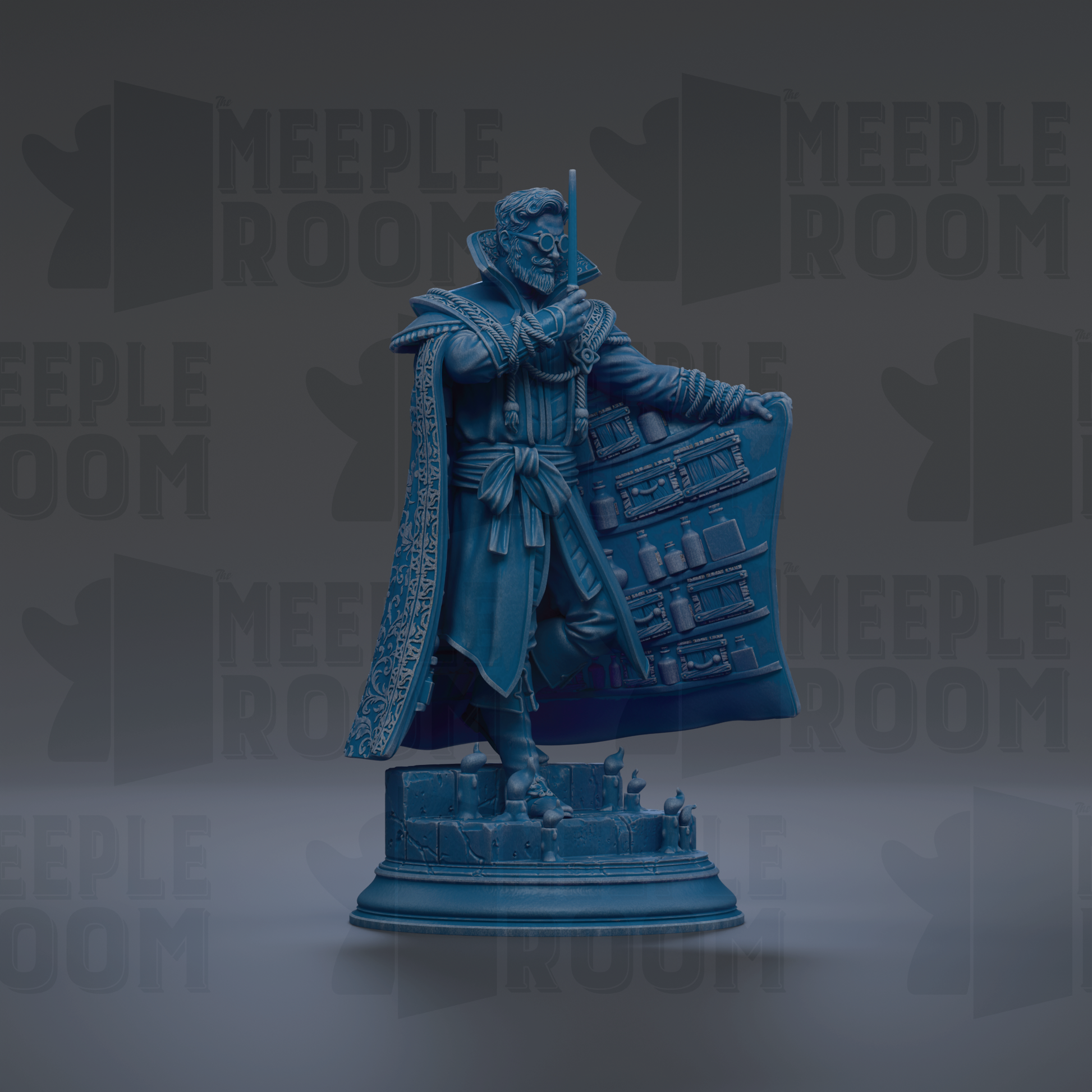 A blue statue of a man holding a large blue object, possibly a book or a shield, with a serious expression on his face.