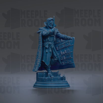 A blue statue of a man holding a large blue object, possibly a book or a shield, with a serious expression on his face.