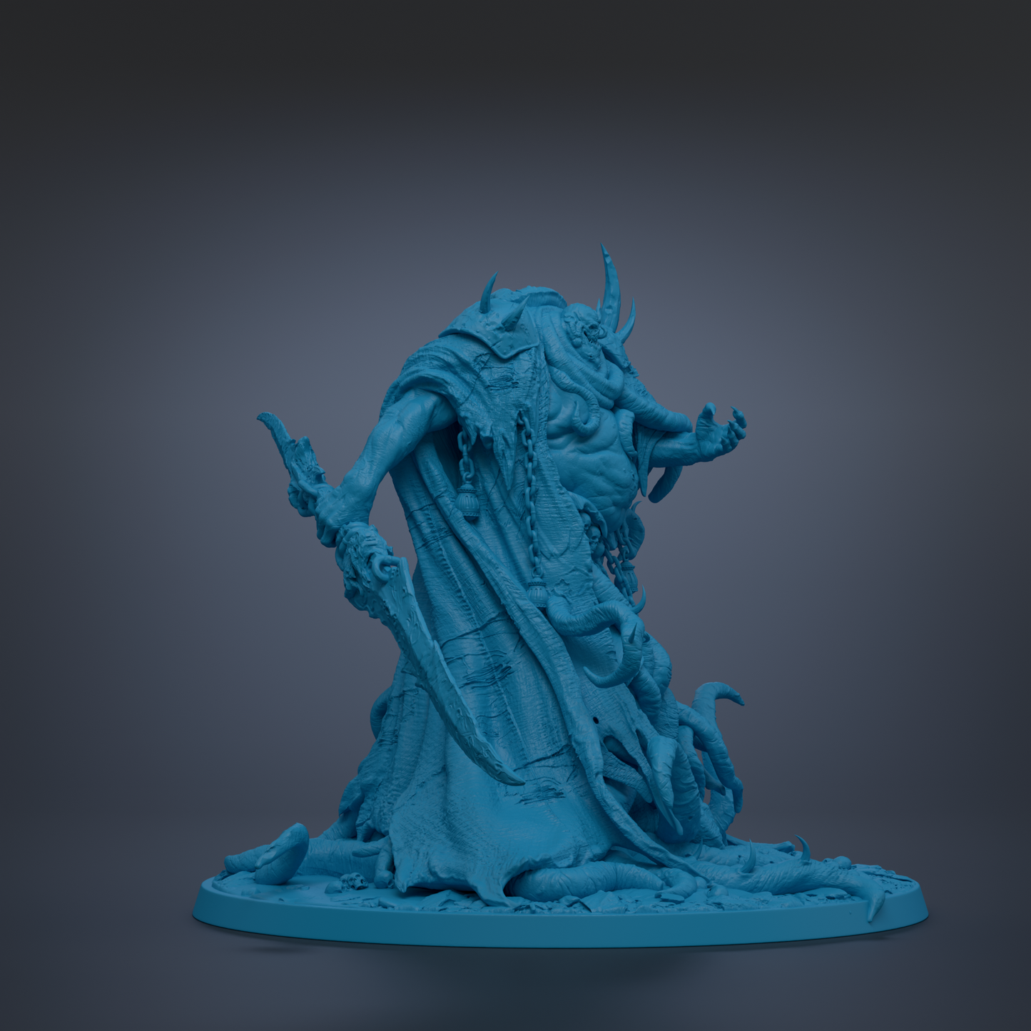 A blue, 3D-rendered statue of a fantastical creature with intricate, flowing details and a large head.