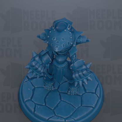 A blue, armored figurine with spikes on its feet, standing on a blue base with a textured surface.