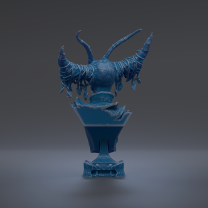 A blue, abstract sculpture with curved, organic shapes and a textured surface, standing on a pedestal.