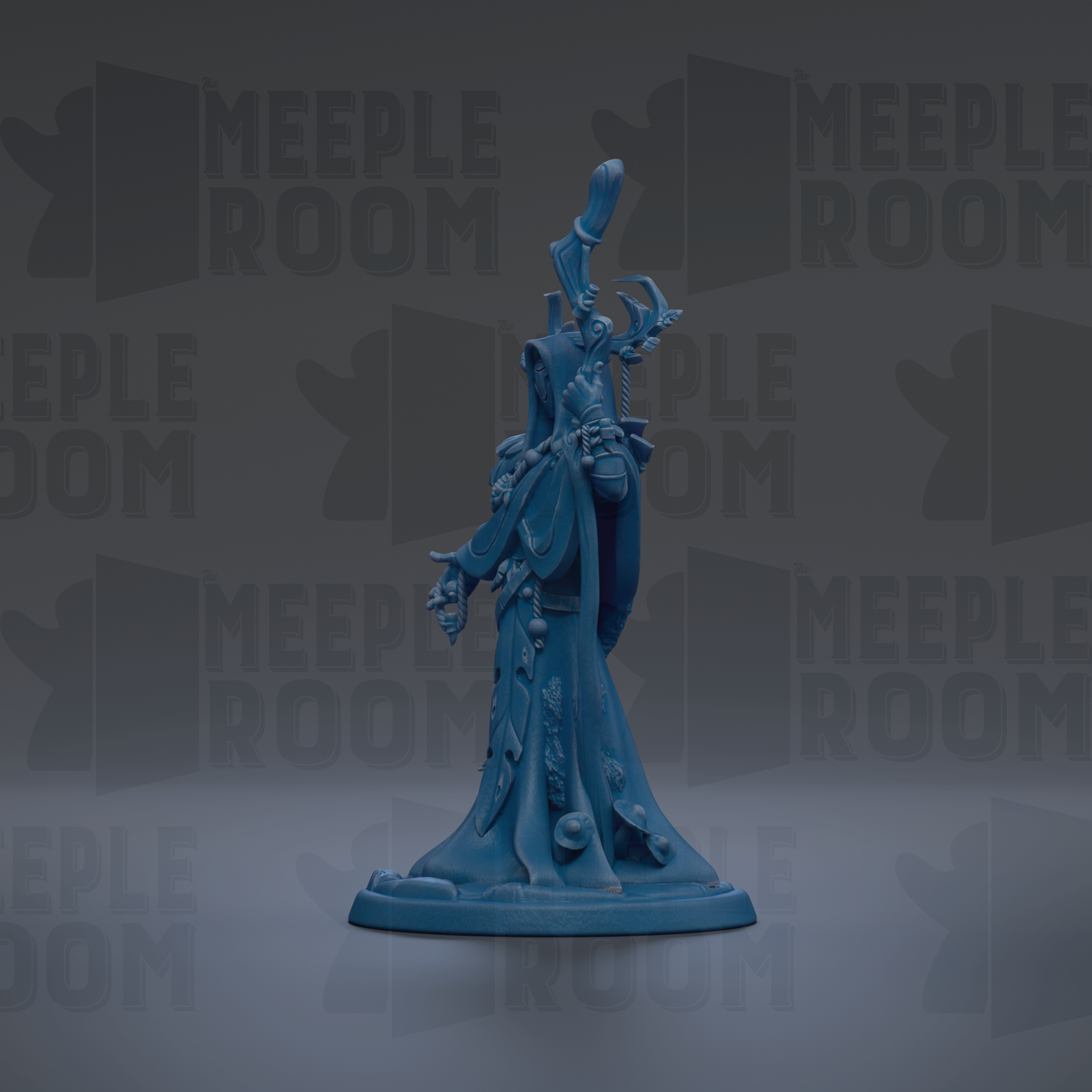 A blue figurine of a fantastical creature, possibly a deity or magical being, is displayed against a dark background with repeated text.
