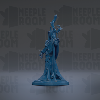 A blue figurine of a fantastical creature, possibly a deity or magical being, is displayed against a dark background with repeated text.