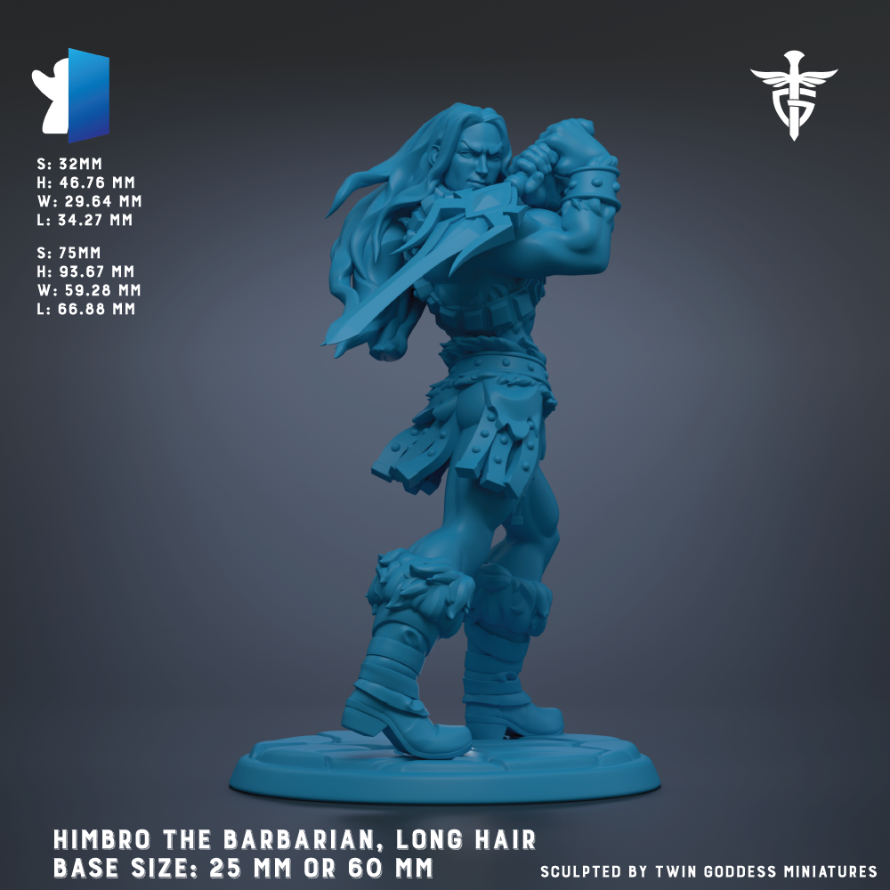 a blue-colored figurine of a muscular, long-haired warrior figure, likely representing the character Himbro the Barbarian, with a sword in his hand. The figurine is shown in a dynamic pose, standing on a base that is either 25 mm or 60 mm in size. The image is a 3D rendering of the figurine, and it is described as being sculpted by Twin Goddess miniatures.