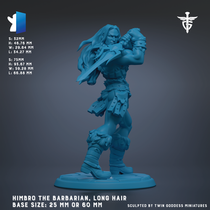 a blue-colored figurine of a muscular, long-haired warrior figure, likely representing the character Himbro the Barbarian, with a sword in his hand. The figurine is shown in a dynamic pose, standing on a base that is either 25 mm or 60 mm in size. The image is a 3D rendering of the figurine, and it is described as being sculpted by Twin Goddess miniatures.