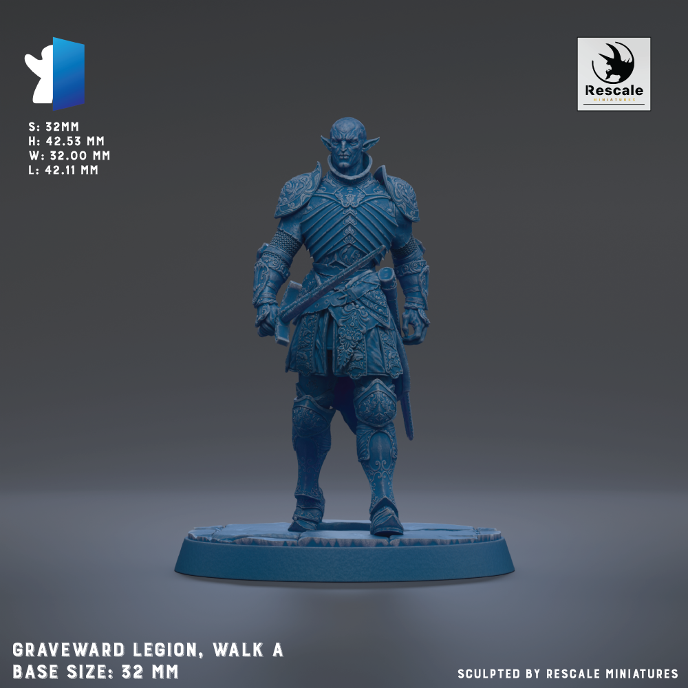 A figurine of a warrior standing on a base, wearing a blue armor and holding a sword.