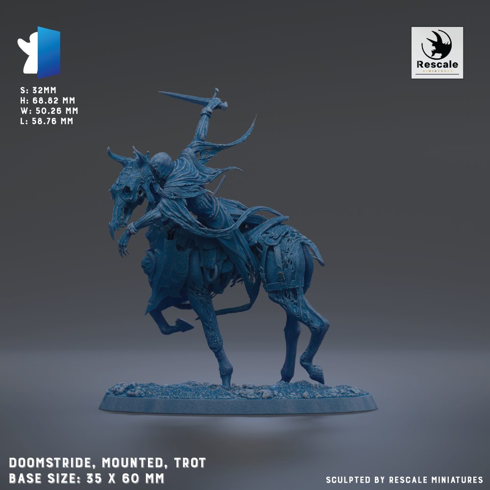 The image is a 3D model of a mounted trotting figure, which is a type of fantasy character often used in fantasy roleplaying games. The figure is mounted on a horse and is shown in a dynamic pose, with the rider holding a sword. The base size of the figure is 35 x 60 mm. The image is described as a sculpted by Rescale miniature, indicating that it is a small-scale replica of a larger-scale model.