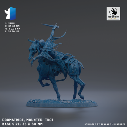 The image is a 3D model of a mounted trotting figure, which is a type of fantasy character often used in fantasy roleplaying games. The figure is mounted on a horse and is shown in a dynamic pose, with the rider holding a sword. The base size of the figure is 35 x 60 mm. The image is described as a sculpted by Rescale miniature, indicating that it is a small-scale replica of a larger-scale model.