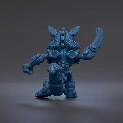 A blue, mechanical robot with a sword in its hand, standing on a gray surface.