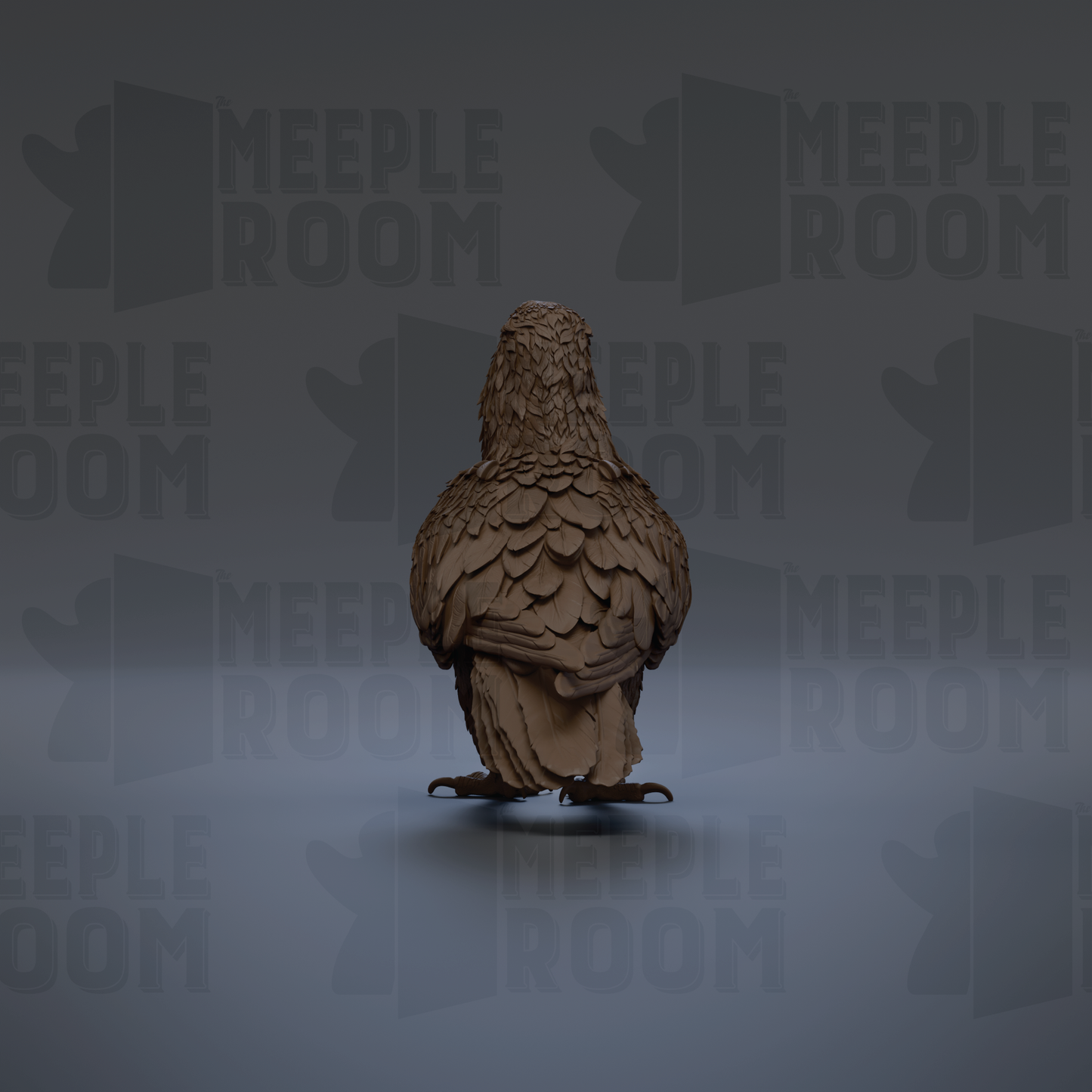 A 3D rendering of a bird, possibly a hawk or eagle, facing away from the camera and standing on one leg.