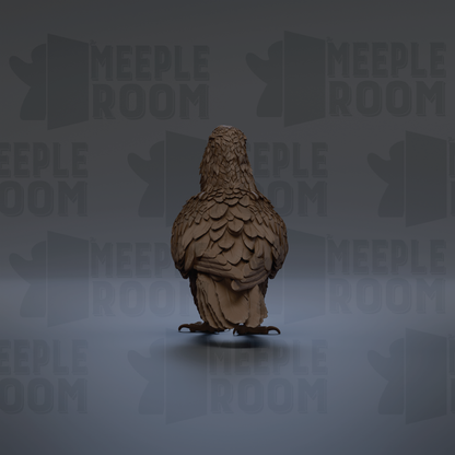 A 3D rendering of a bird, possibly a hawk or eagle, facing away from the camera and standing on one leg.