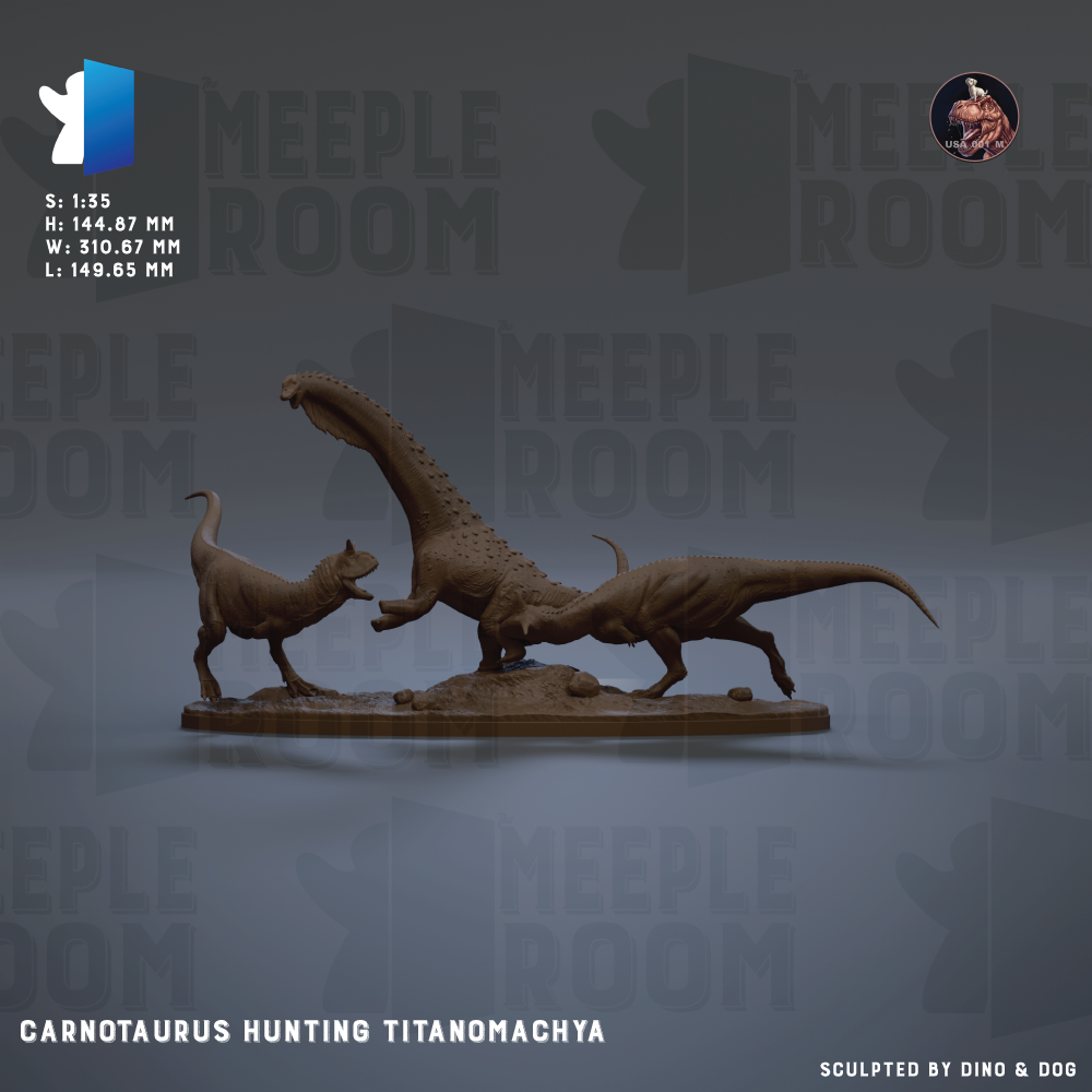 a Carnotaurus hunting a Titanomachya dinosaur, with the dinosaur's long neck and sharp teeth clearly visible.