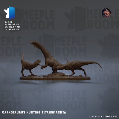 a Carnotaurus hunting a Titanomachya dinosaur, with the dinosaur's long neck and sharp teeth clearly visible.