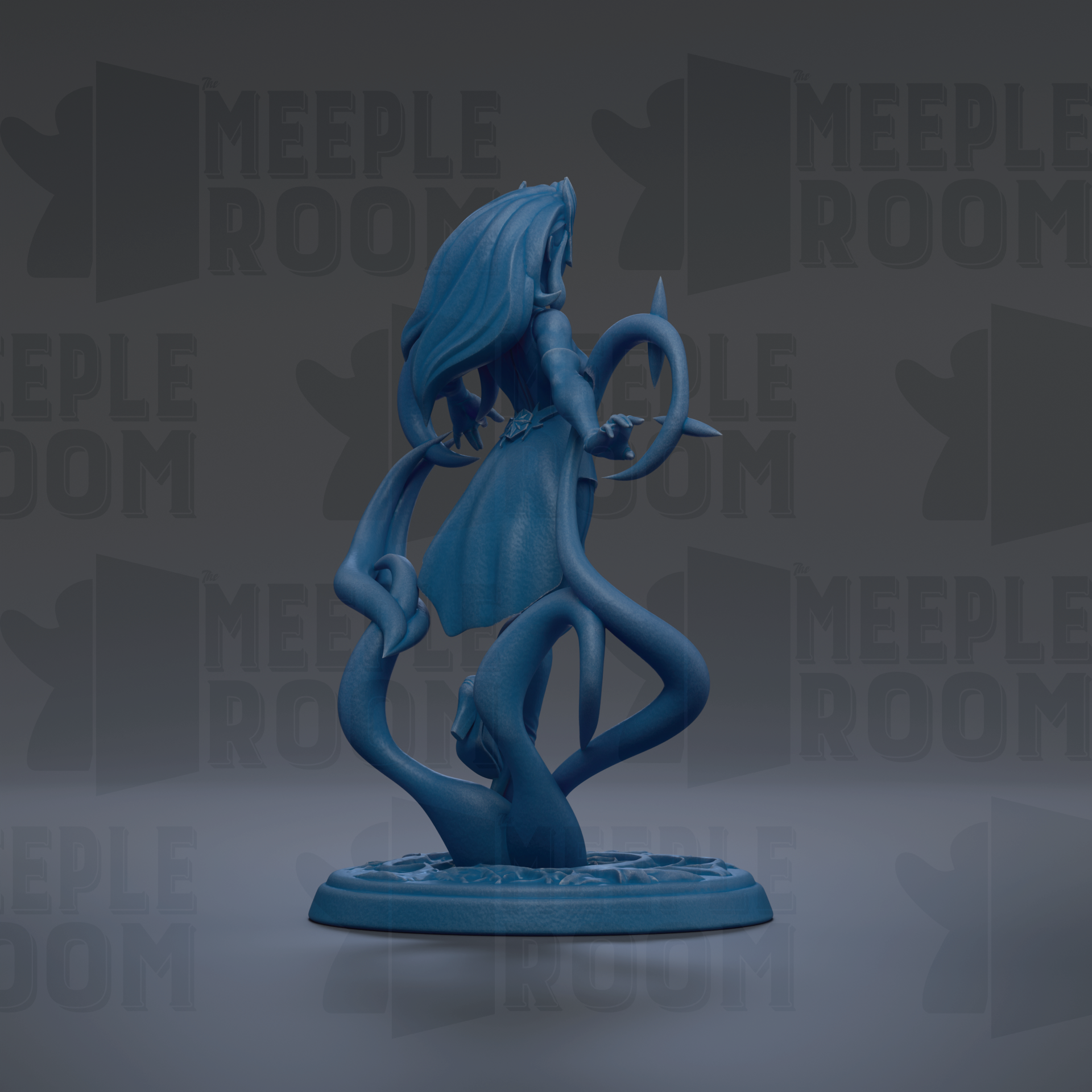 A blue figurine of a woman with long hair and a flowing dress stands on a base, surrounded by the repeated text "MEUPLE ROOM" in the background.