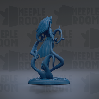 A blue figurine of a woman with long hair and a flowing dress stands on a base, surrounded by the repeated text "MEUPLE ROOM" in the background.