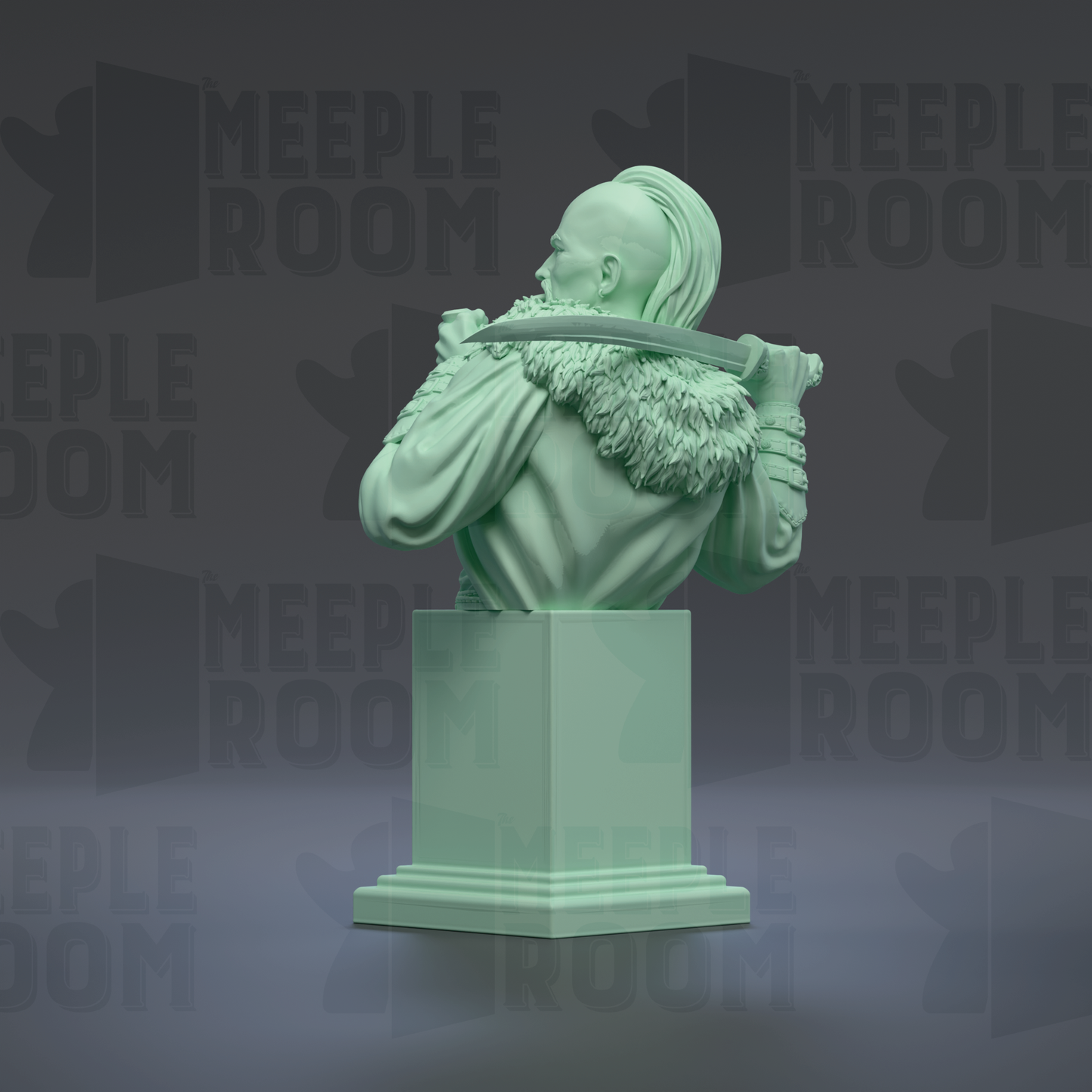 A green bust sculpture of a person holding a sword, standing on a pedestal.