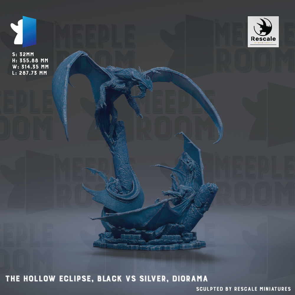 a figurine of a black dragon and a silver dragon engaged in a fierce battle, with the dragon appearing to be in a defensive posture. The figurine is set against a dark background, and the text "MEIPLE ROOM" is visible, suggesting the figurine is part of a larger collection or series.