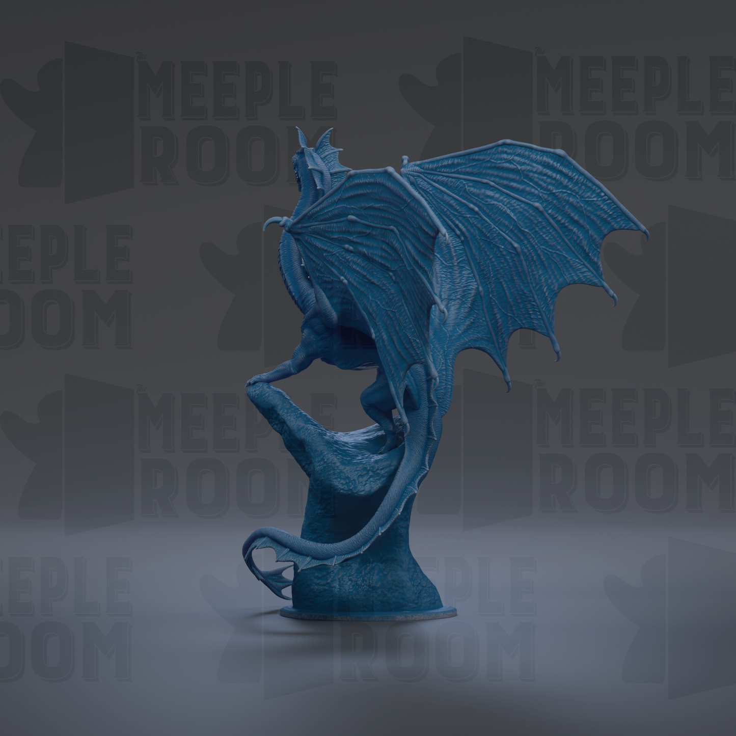 A blue dragon statue with outstretched wings is the central focus of the image.