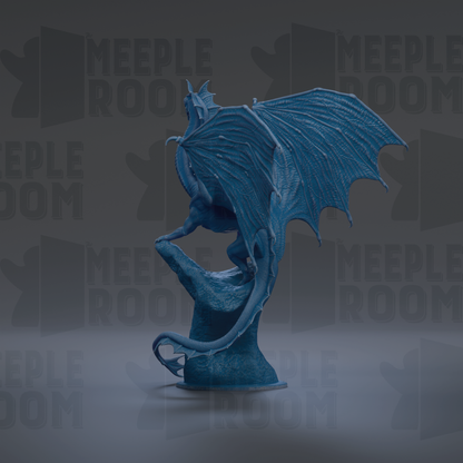 A blue dragon statue with outstretched wings is the central focus of the image.