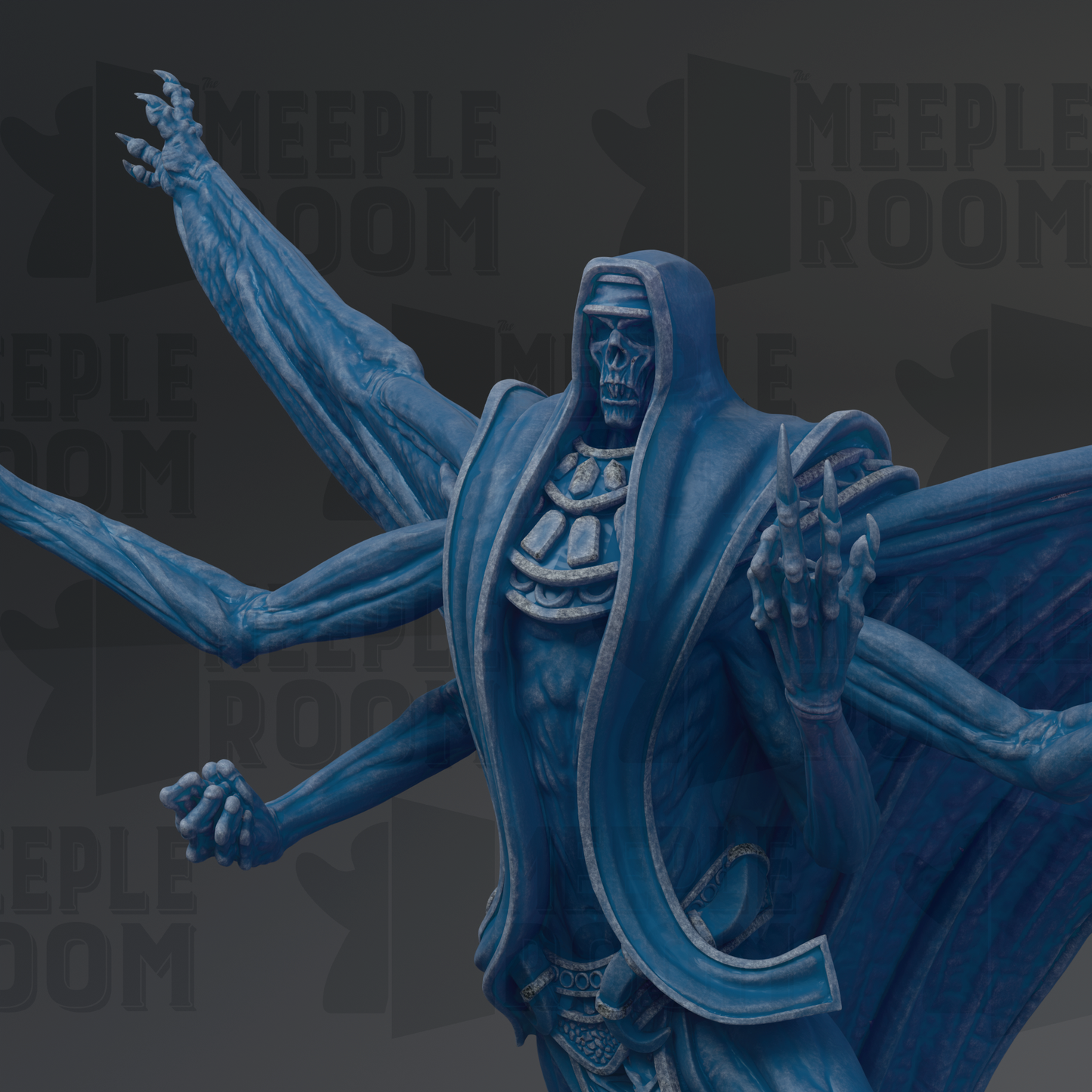 A blue, skeletal-looking statue with multiple arms and a hooded cloak, set against a dark background with repeated text.