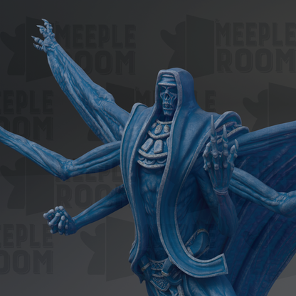 A blue, skeletal-looking statue with multiple arms and a hooded cloak, set against a dark background with repeated text.