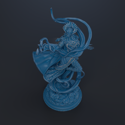 A 3D rendering of a blue, fantastical statue depicting a figure with intricate, flowing robes and a crown-like headdress.