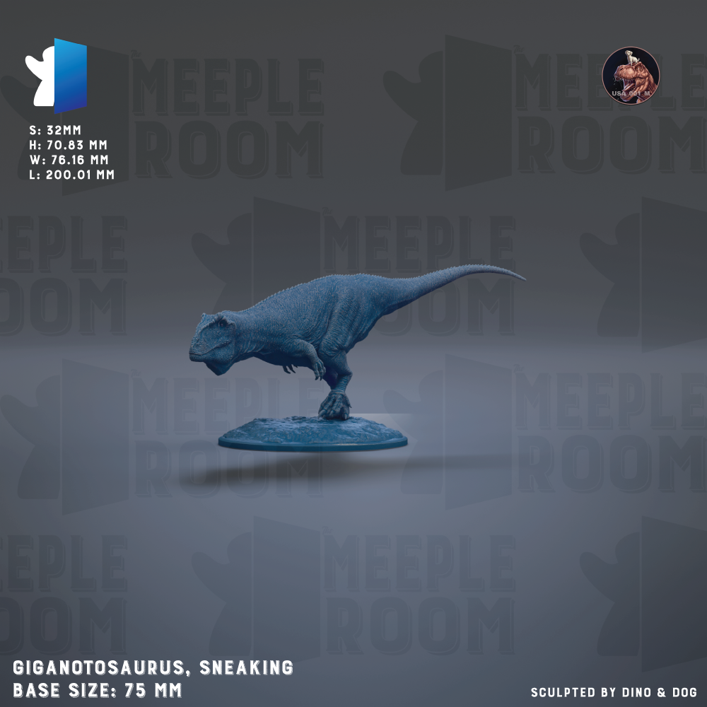 The image is a 3D rendering of a dinosaur, specifically a Giganotosaurus, which is a type of sauropod dinosaur. The dinosaur is depicted in a crouching position, appearing to be in motion. The image is labeled with the text "GIGANOTOSAURUS, SNAKING BASE SIZE: 75 MM" and "SULFURED BY DINOS & DOG".