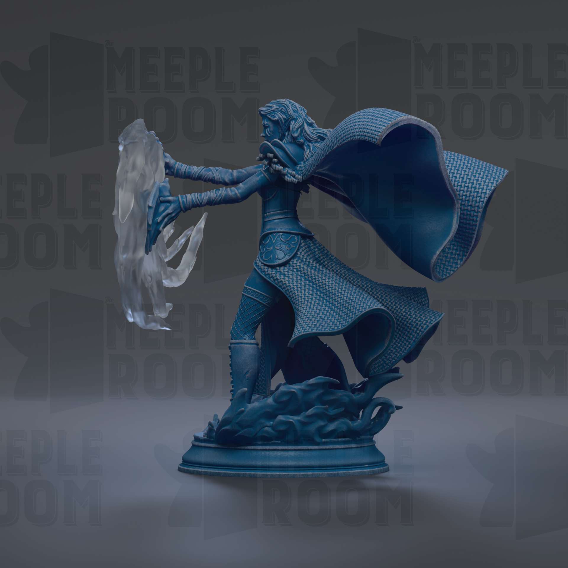 A blue statue of a woman with flowing hair and a flowing cape, holding a crystal-like object in her hands.