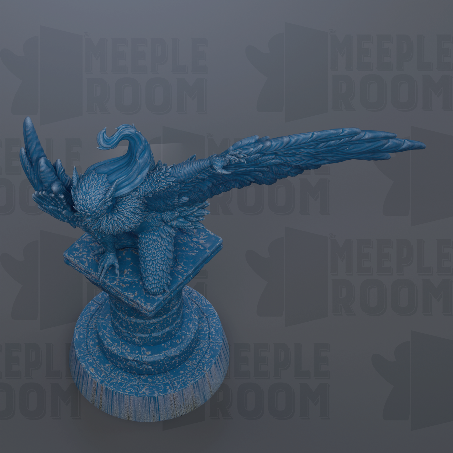 A blue, winged statue of a bird perched on a pedestal.
