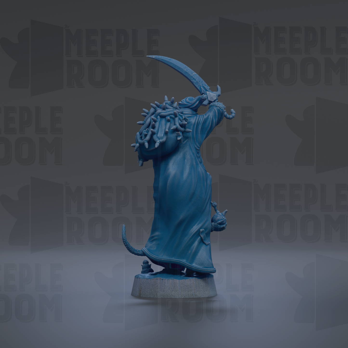 A blue figurine of a character with a sword and a bag, standing on a pedestal against a dark background with repeated text.