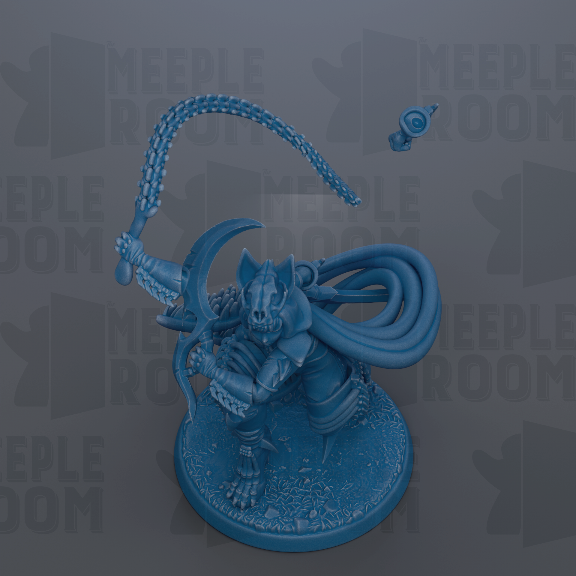 A blue figurine of a warrior-like character with a crescent moon on its head, holding a weapon and standing on a base.