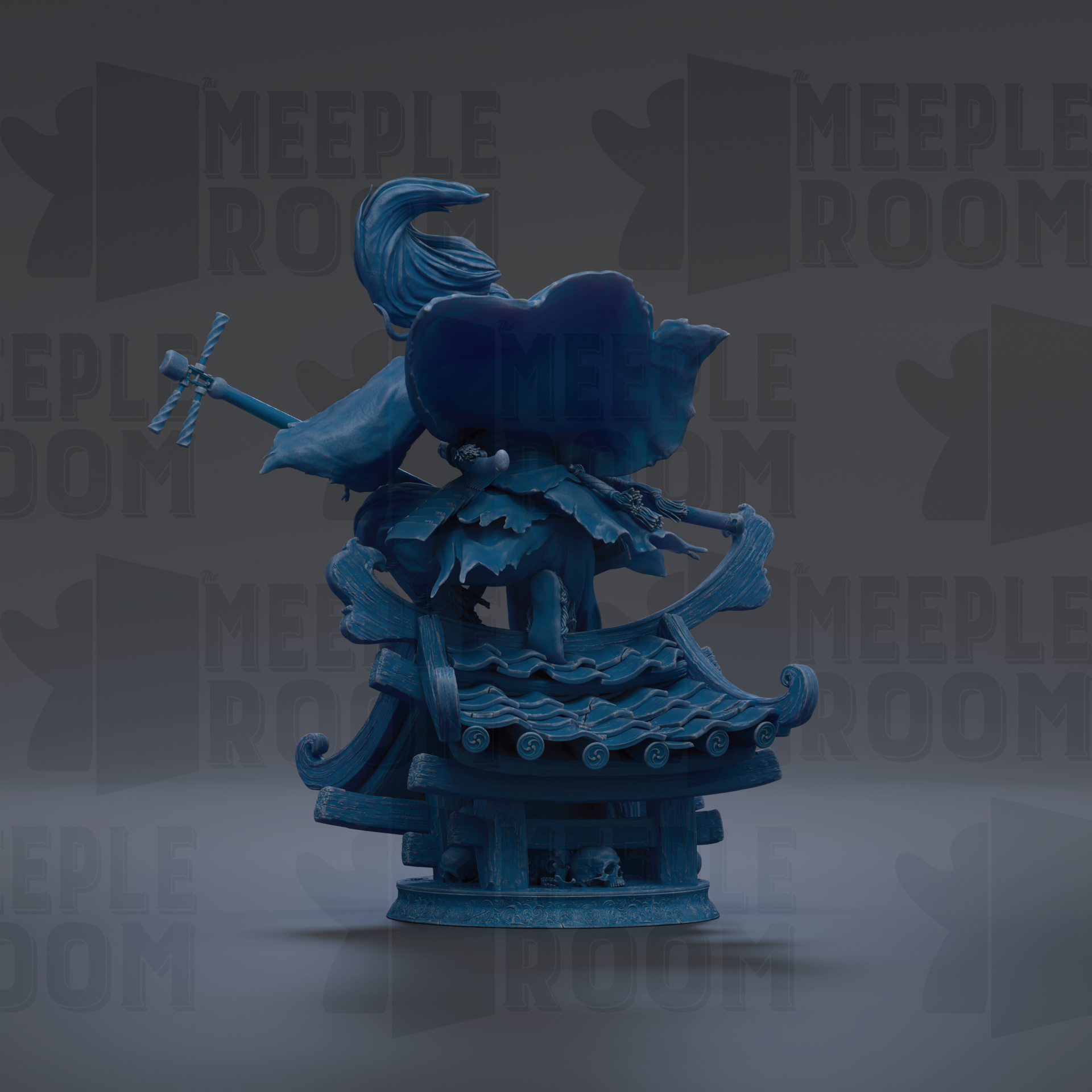 A blue, stylized statue of a figure with a large headdress and flowing robes, standing on a platform with a curved roof.