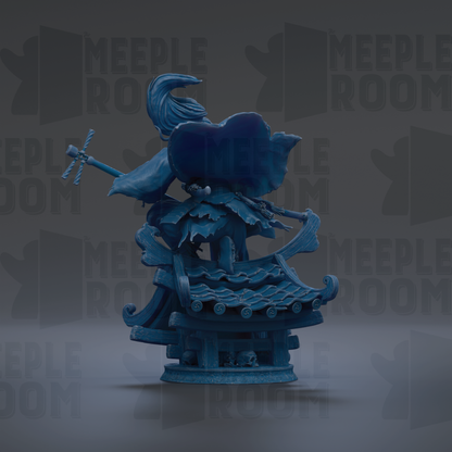 A blue, stylized statue of a figure with a large headdress and flowing robes, standing on a platform with a curved roof.