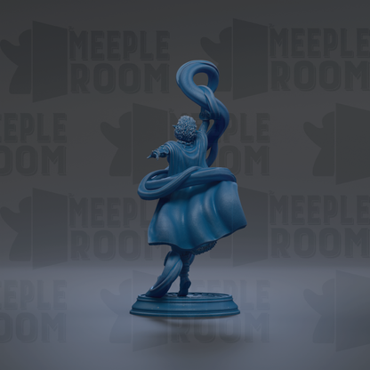 A blue statue of a figure with flowing robes and a large headdress, standing on a pedestal against a dark background with repeated text.