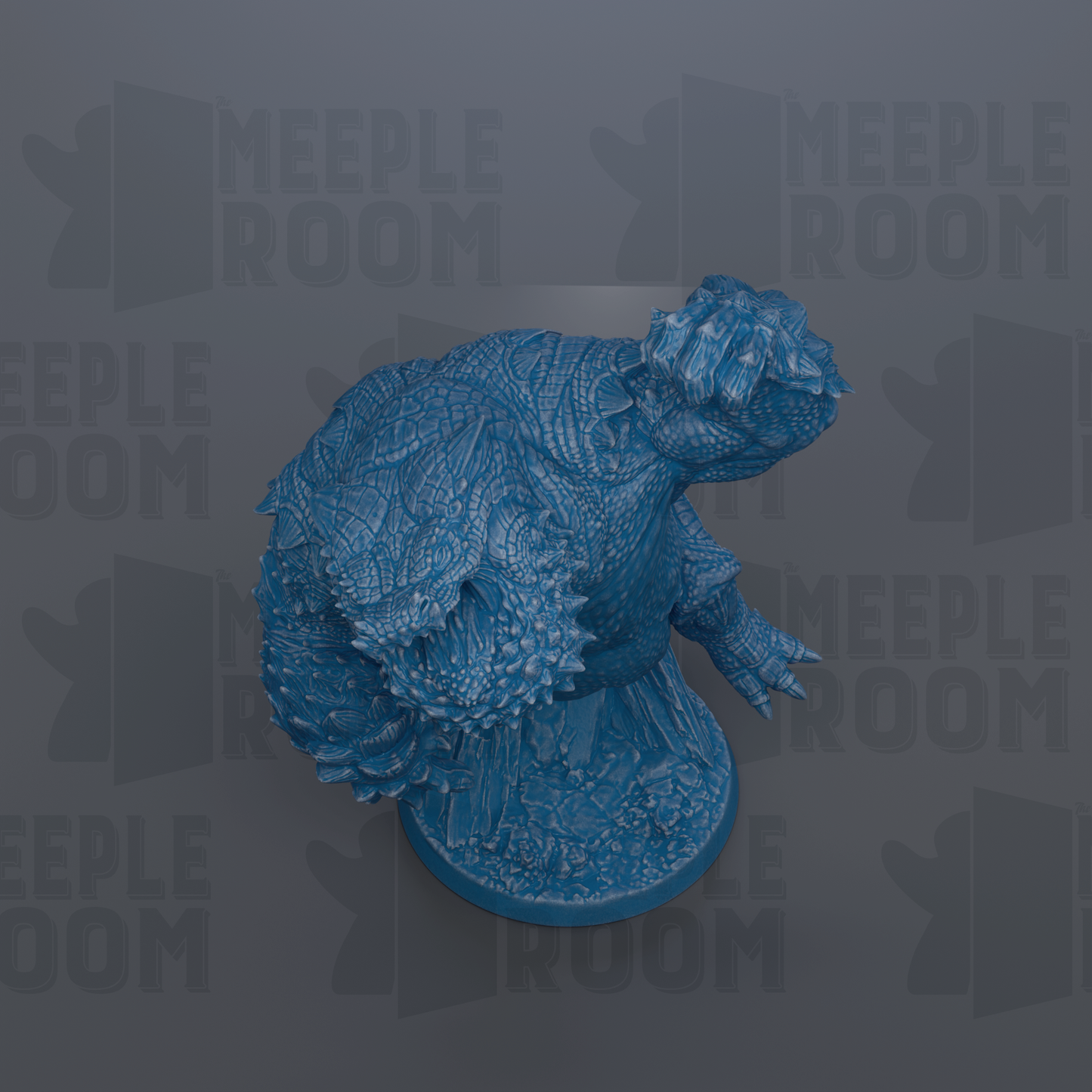 a blue, textured statue of a creature with spikes, sitting on a base.