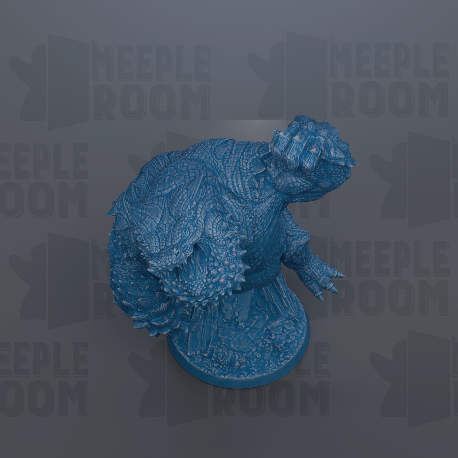 a blue, textured statue of a creature with spikes, sitting on a base.