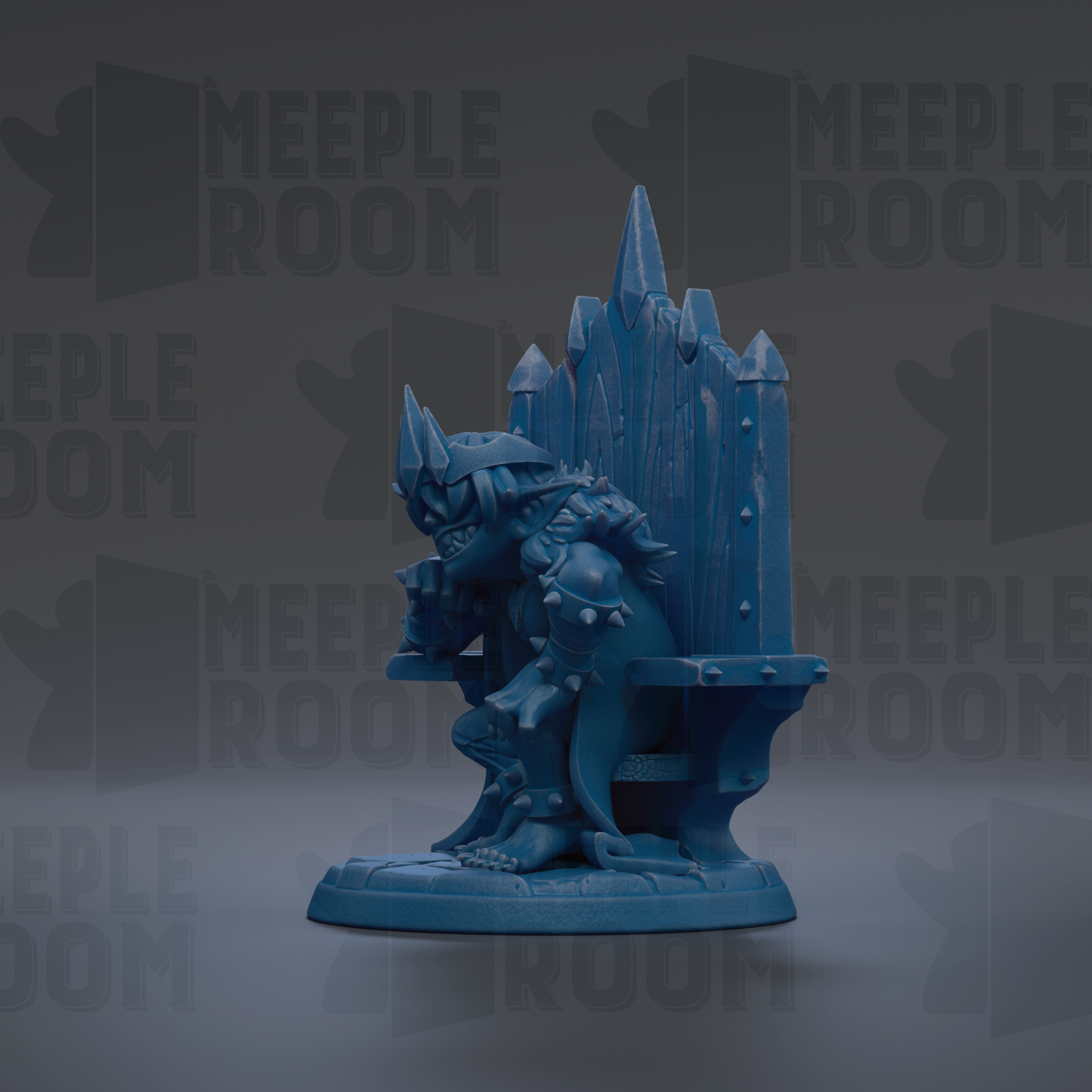 A blue figurine of a fantastical creature sitting on a throne-like structure, with the text "MEIPLE ROOM" repeated in the background.
