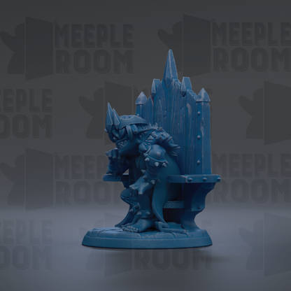 A blue figurine of a fantastical creature sitting on a throne-like structure, with the text "MEIPLE ROOM" repeated in the background.