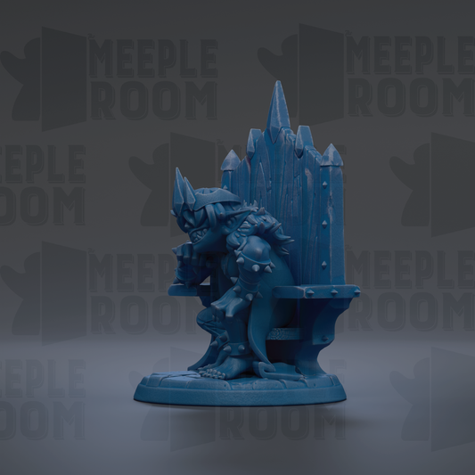 A blue figurine of a fantastical creature sitting on a throne-like structure, with the text "MEIPLE ROOM" repeated in the background.
