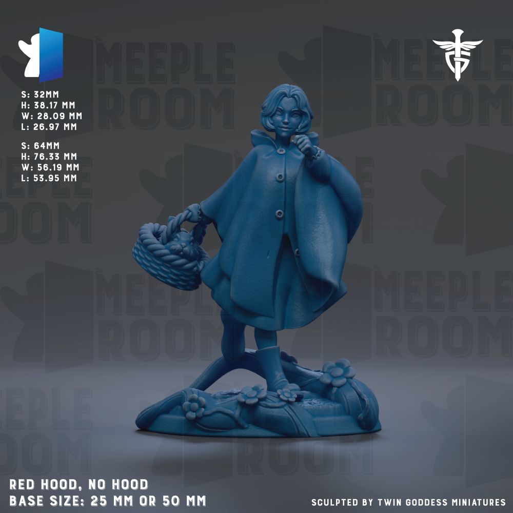 The image is a 3D rendering of a figurine of a woman in a blue dress, standing on a base and holding a basket. The figurine is described as a "Red Hood, No Hood" and is shown in various sizes, ranging from 25mm to 50mm. The image is a collage of multiple images, and the phrase "Sculpted by Twin Goddesses miniatures" is mentioned at the bottom.