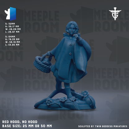 The image is a 3D rendering of a figurine of a woman in a blue dress, standing on a base and holding a basket. The figurine is described as a "Red Hood, No Hood" and is shown in various sizes, ranging from 25mm to 50mm. The image is a collage of multiple images, and the phrase "Sculpted by Twin Goddesses miniatures" is mentioned at the bottom.