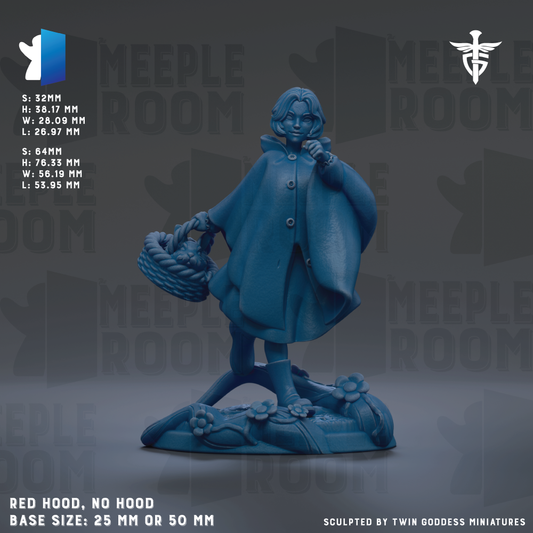 The image is a 3D rendering of a figurine of a woman in a blue dress, standing on a base and holding a basket. The figurine is described as a "Red Hood, No Hood" and is shown in various sizes, ranging from 25mm to 50mm. The image is a collage of multiple images, and the phrase "Sculpted by Twin Goddesses miniatures" is mentioned at the bottom.