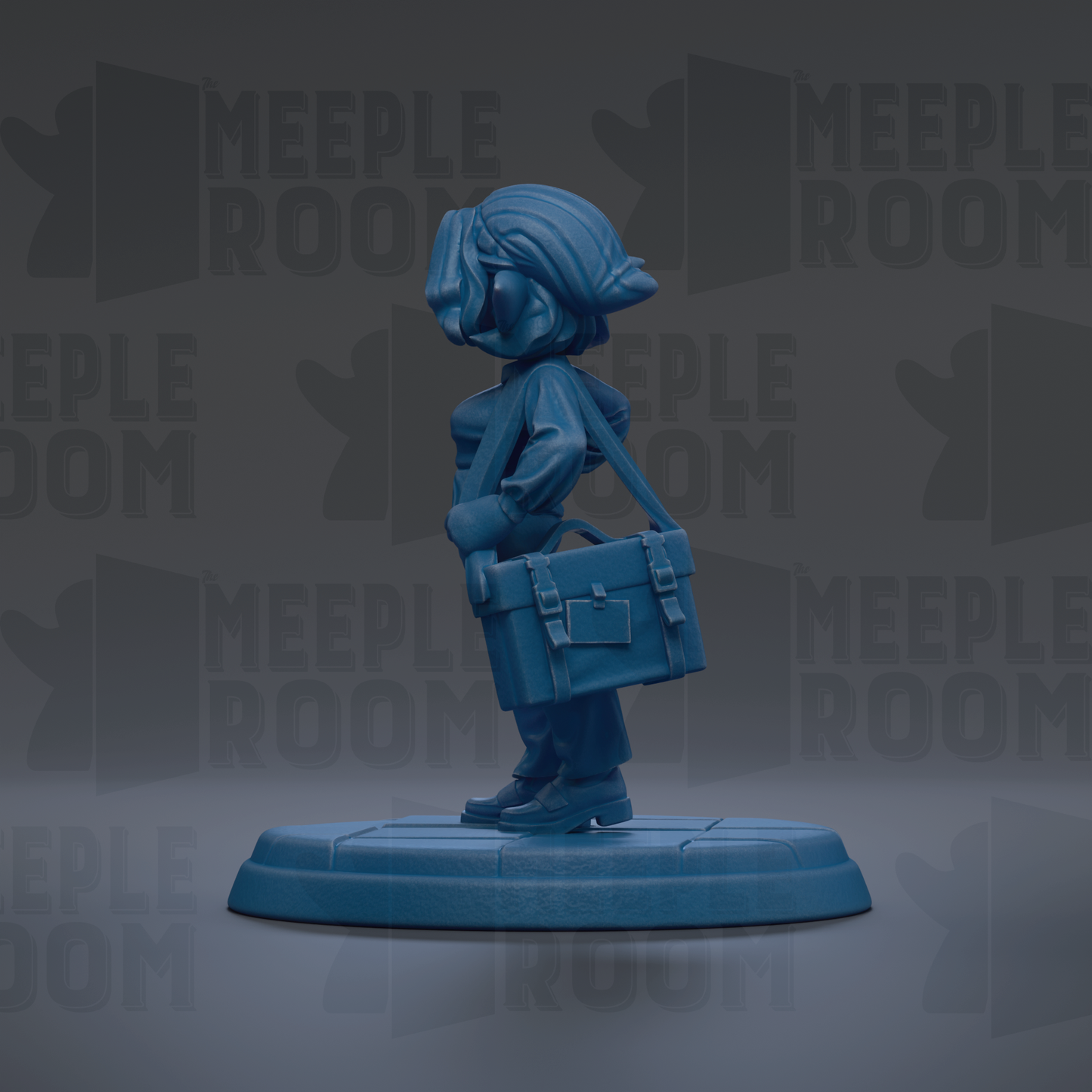 A blue figurine of a person standing on a platform, holding a briefcase.