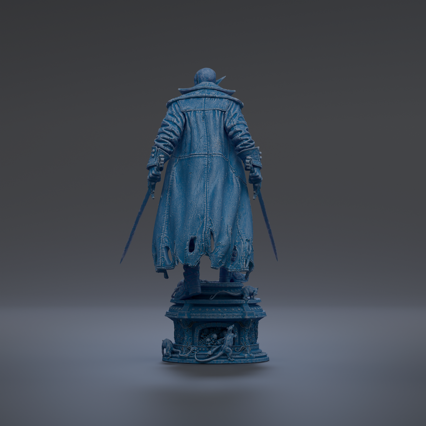 A dark blue statue of a person with a cape and holding a sword stands on a pedestal against a dark background.