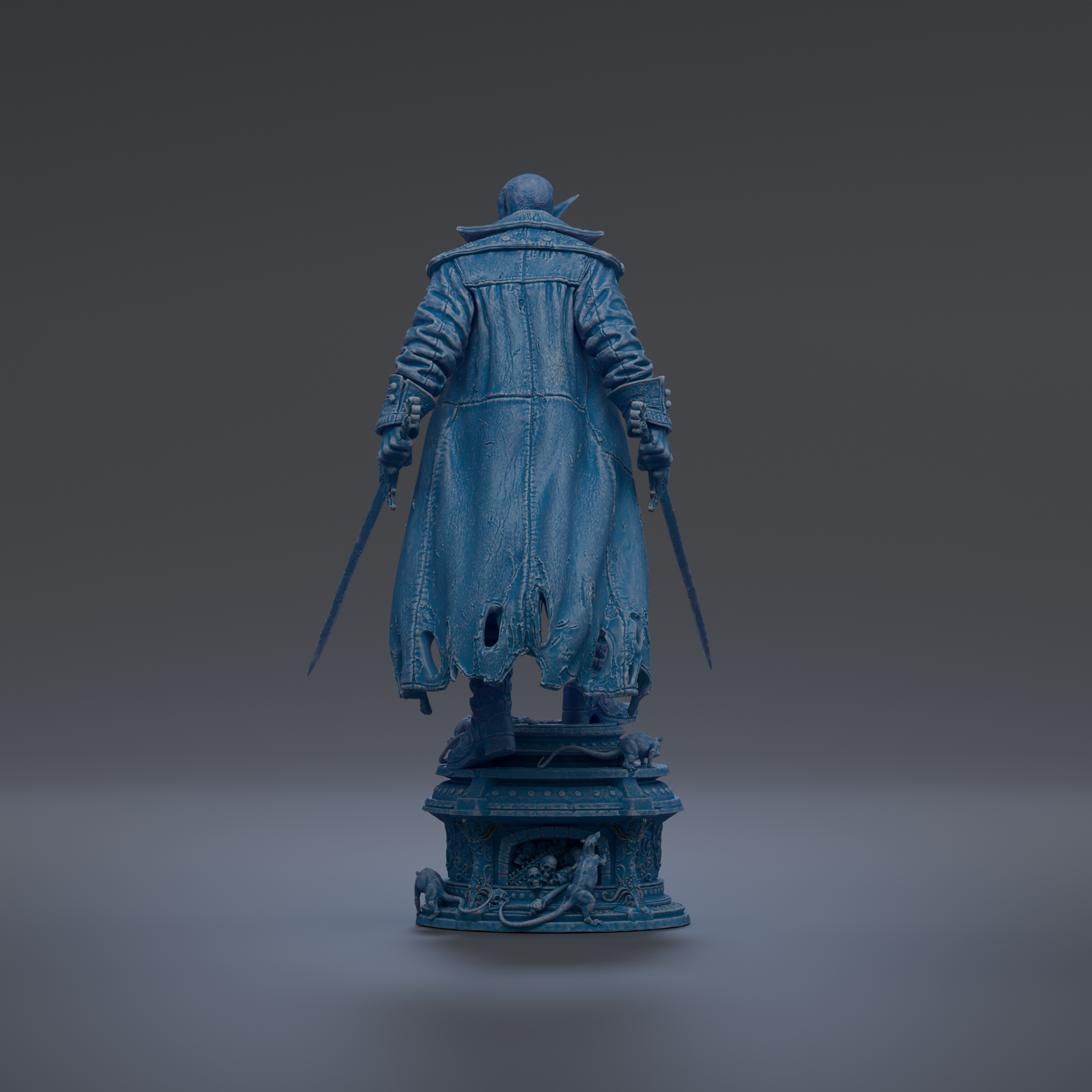 A dark blue statue of a person with a cape and holding a sword stands on a pedestal against a dark background.